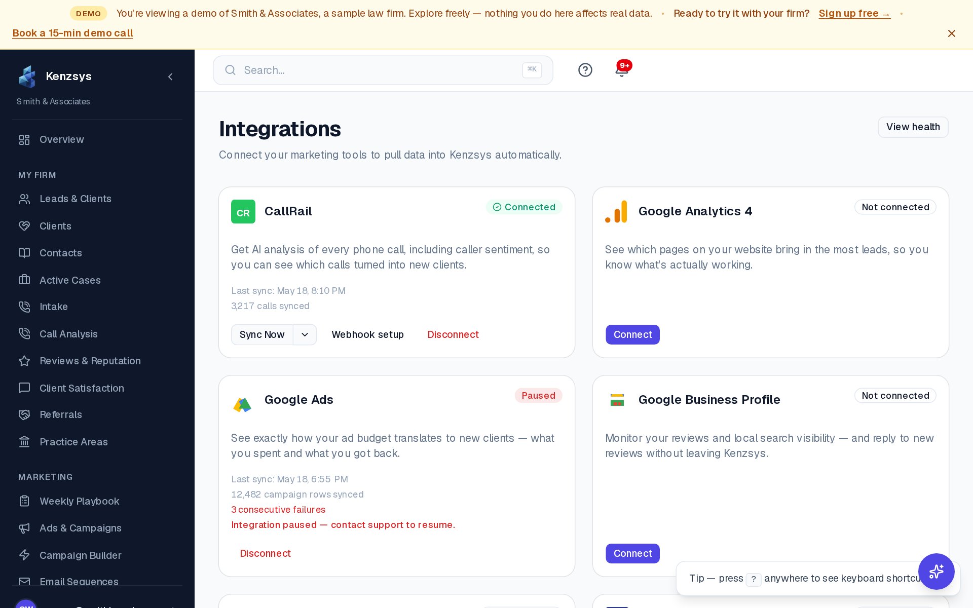 Integrations overview page