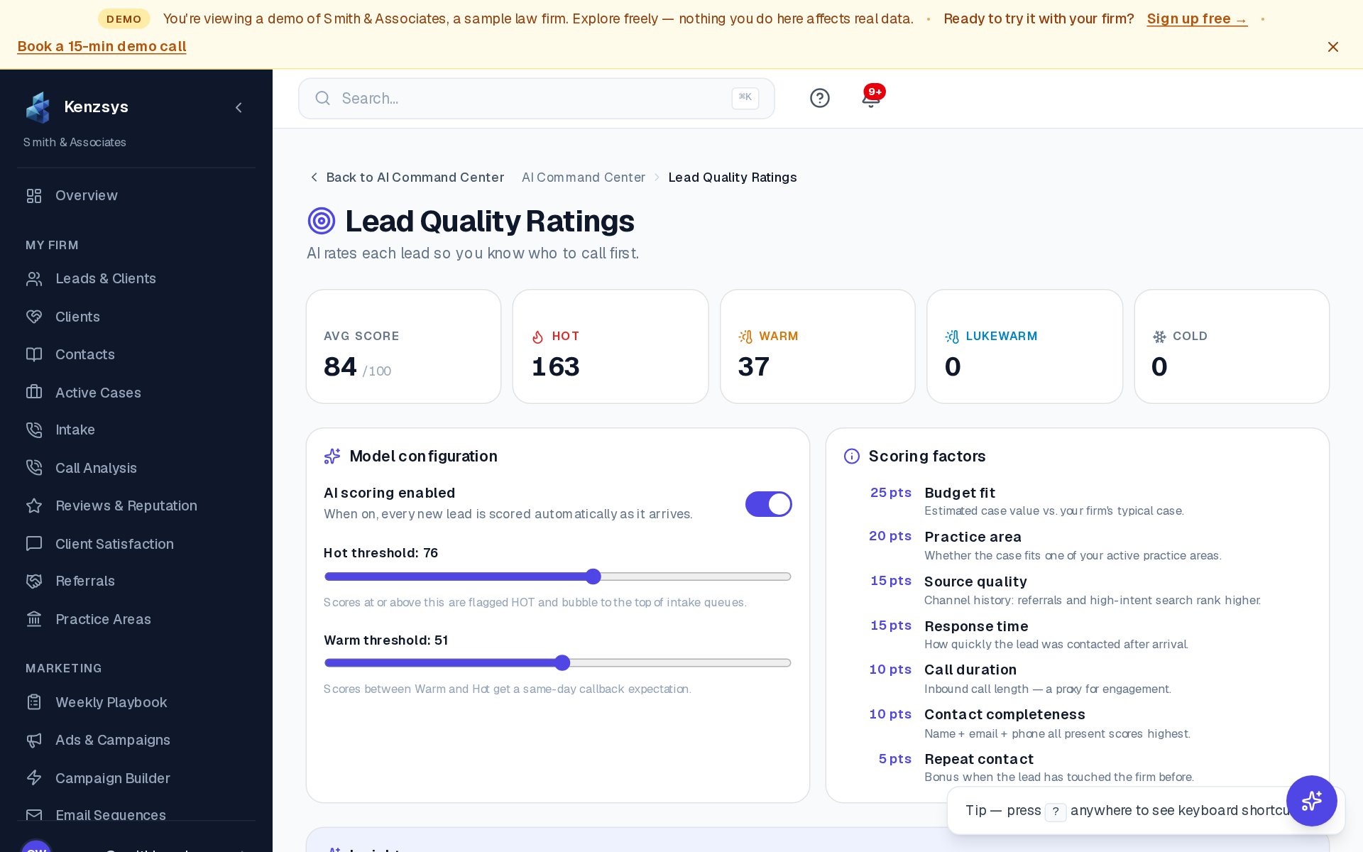 Lead scoring page with AI quality ratings