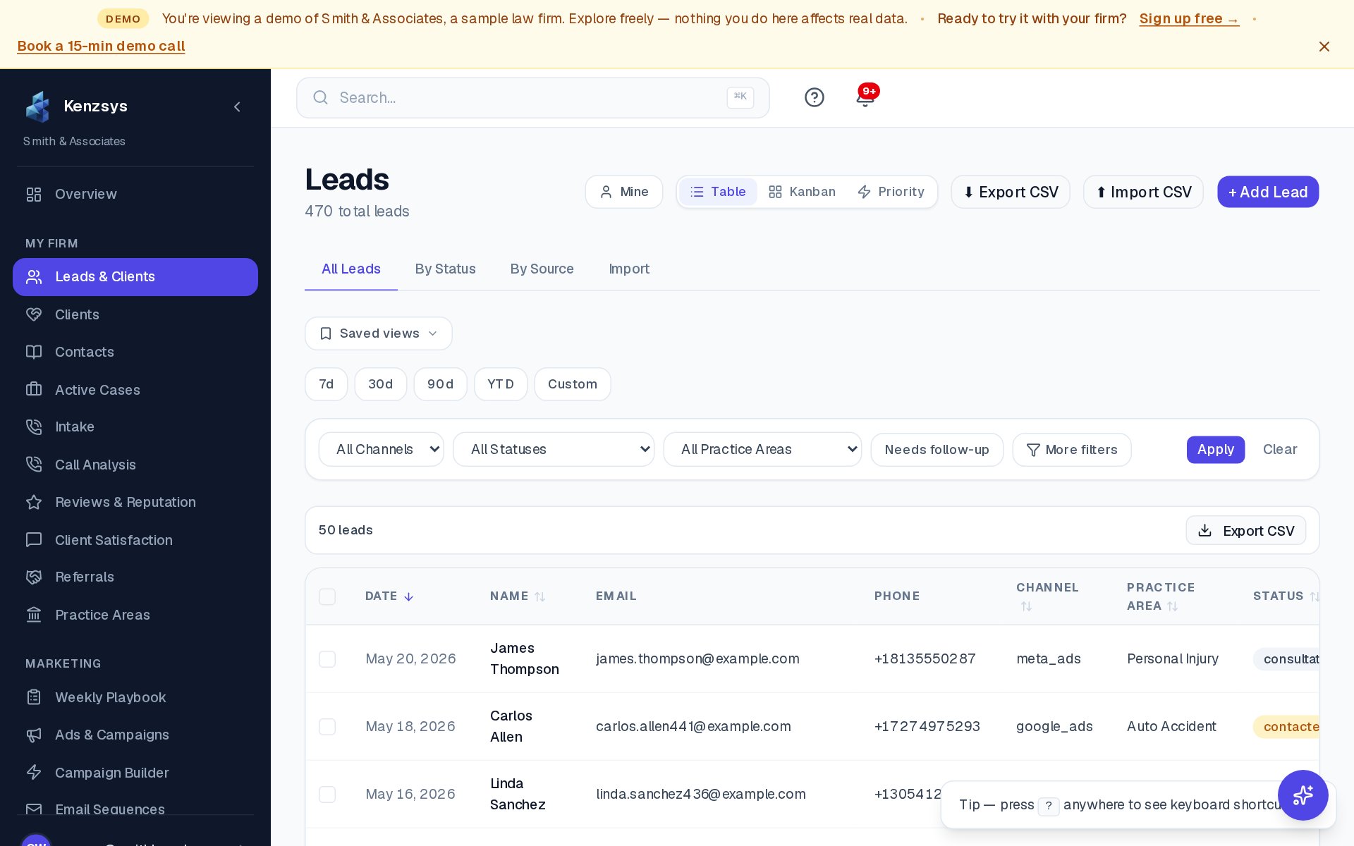 Leads list with filters and status indicators