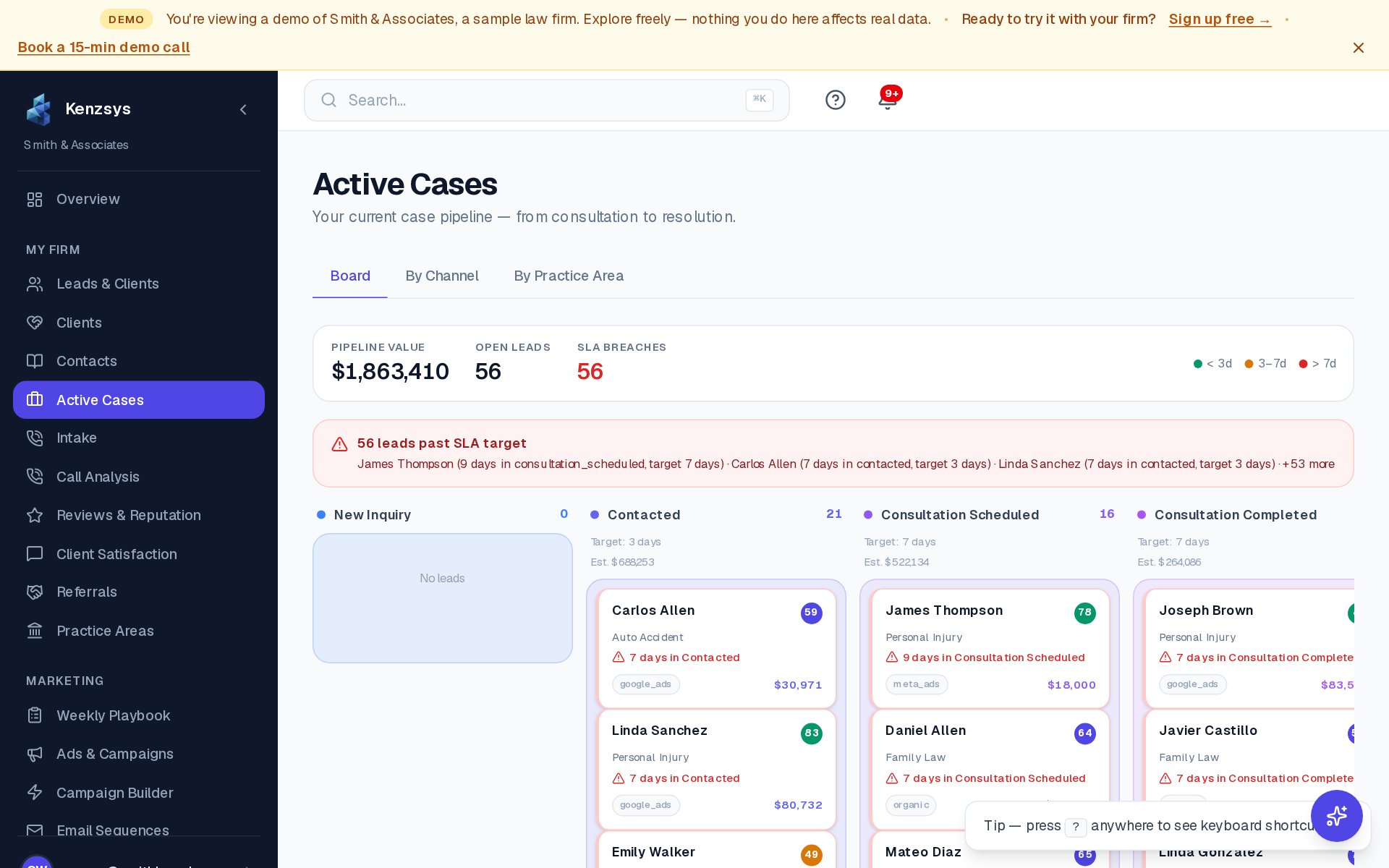 Pipeline kanban view with case stages