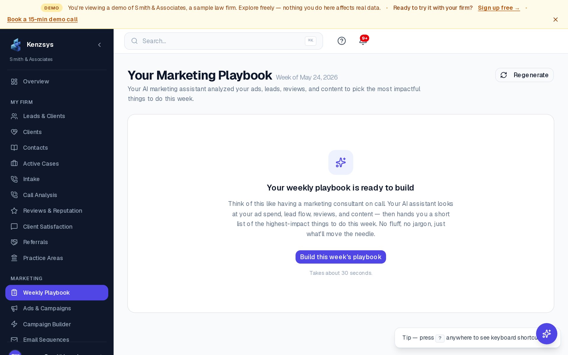 Weekly AI marketing playbook with prioritized tasks