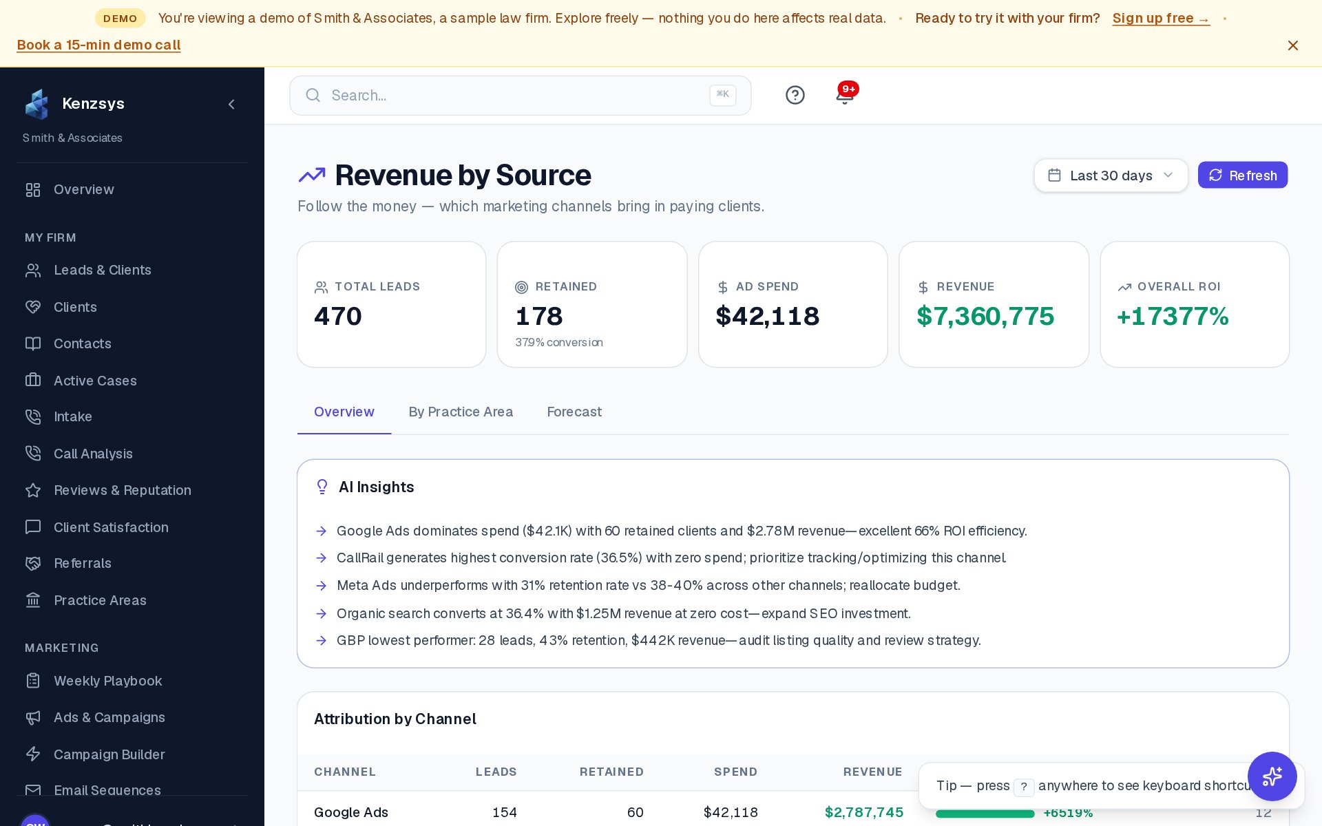 Clio integration showing synced matters and revenue